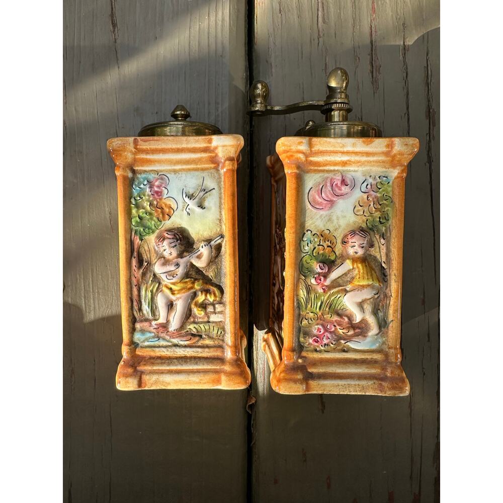 Vintage CAPODIMONTE Painted Italian Ceramic 5" Salt Shaker & Pepper Mill Cherubs